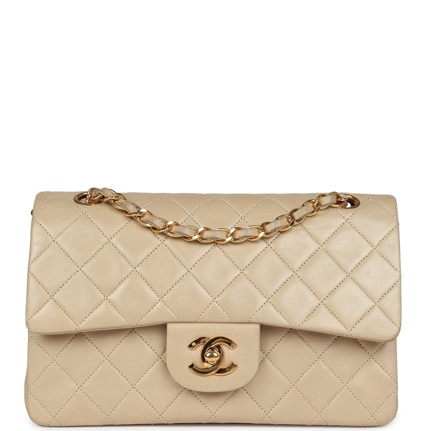 Vintage Chanel Small Classic Double Flap Beige Lambskin Gold Hardware 3 Vintage Chanel Small Classic Double Flap Beige Lambskin Gold Hardware