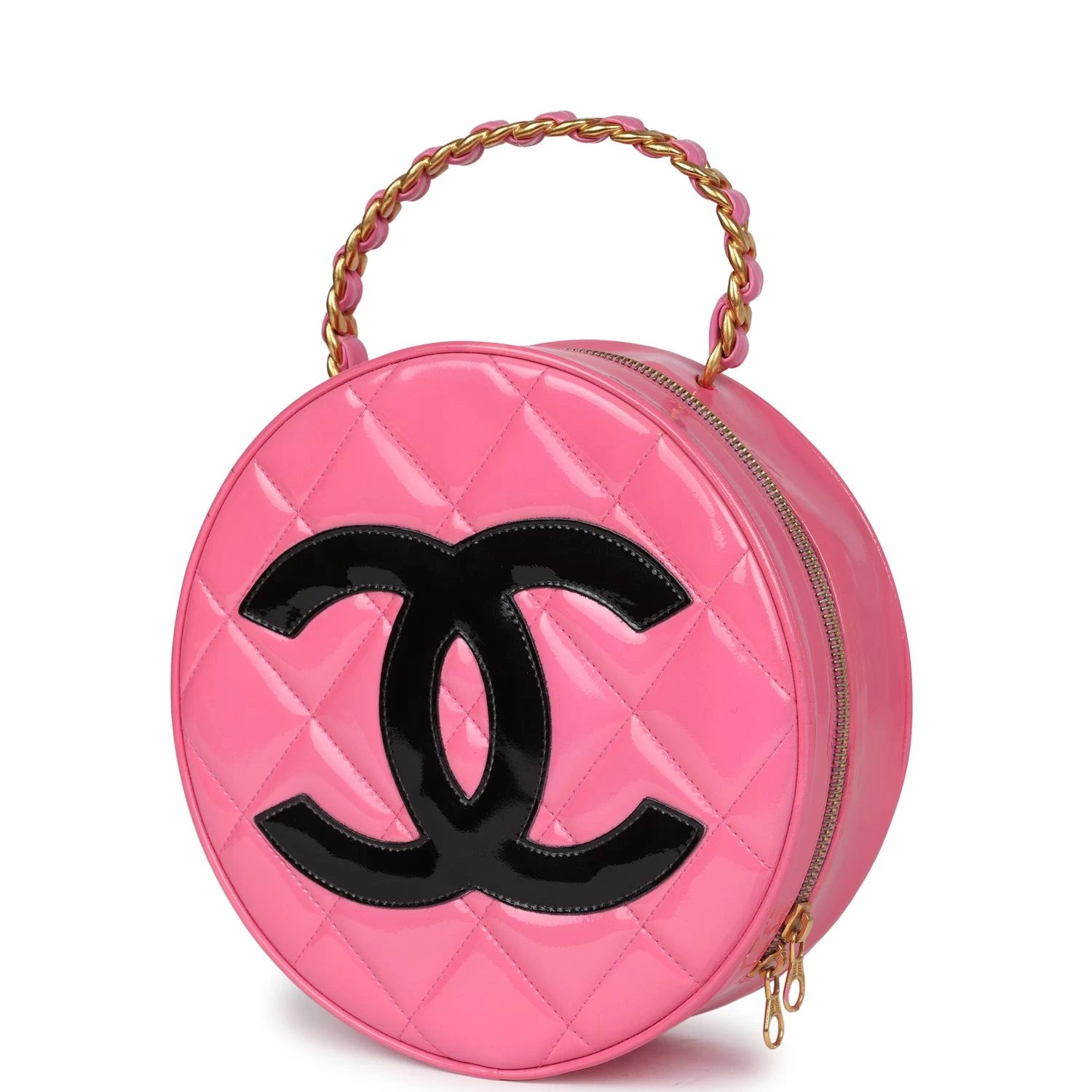 Vintage Chanel Round Vanity Bag Pink And Black Patent Leather Antique Gold Hardware 7 Vintage Chanel Round Vanity Bag Pink And Black Patent Leather Antique Gold Hardware - Image 5