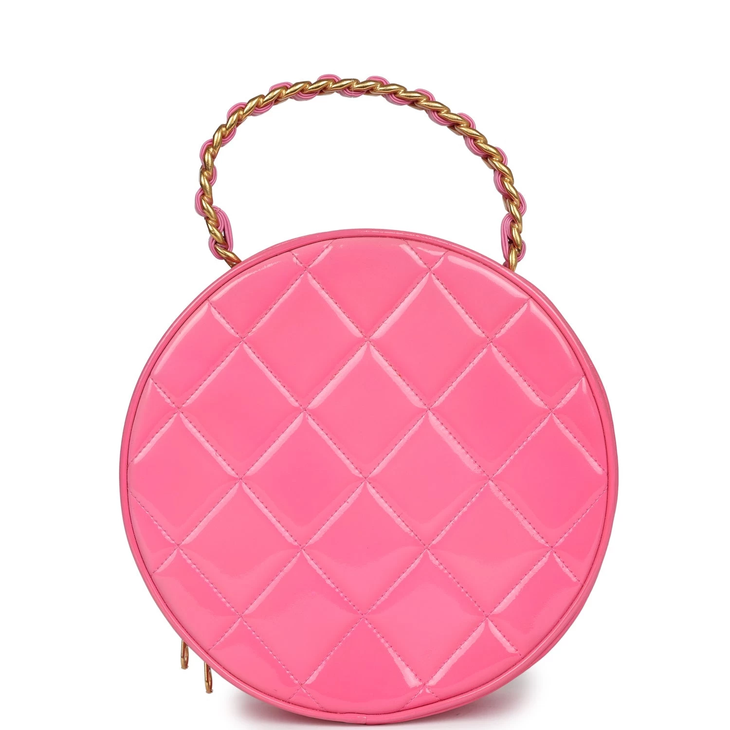 Vintage Chanel Round Vanity Bag Pink And Black Patent Leather Antique Gold Hardware 6 Vintage Chanel Round Vanity Bag Pink And Black Patent Leather Antique Gold Hardware - Image 4
