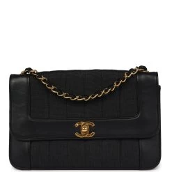 Vintage Chanel Vertical Border Flap Bag Black Linen And Lambskin Gold Hardware