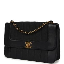 Vintage Chanel Vertical Border Flap Bag Black Linen And Lambskin Gold Hardware -Online Bag Store C V 231228 1 03