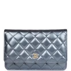 Chanel Wallet On Chain WOC Dark Blue Iridescent Calfskin Antique Gold Hardware