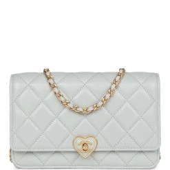 Chanel Heart Wallet On Chain WOC Light Blue Lambskin Aged Gold Hardware