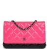 Pre-owned Chanel Classic Wallet On Chain WOC Pink & Black Patent Leather Silver Hardware -Online Bag Store C WOC 240112 1 YL 01