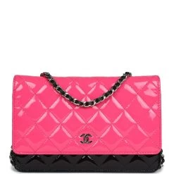 Pre-owned Chanel Classic Wallet On Chain WOC Pink & Black Patent Leather Silver Hardware
