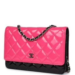 Pre-owned Chanel Classic Wallet On Chain WOC Pink & Black Patent Leather Silver Hardware -Online Bag Store C WOC 240112 1 YL 03