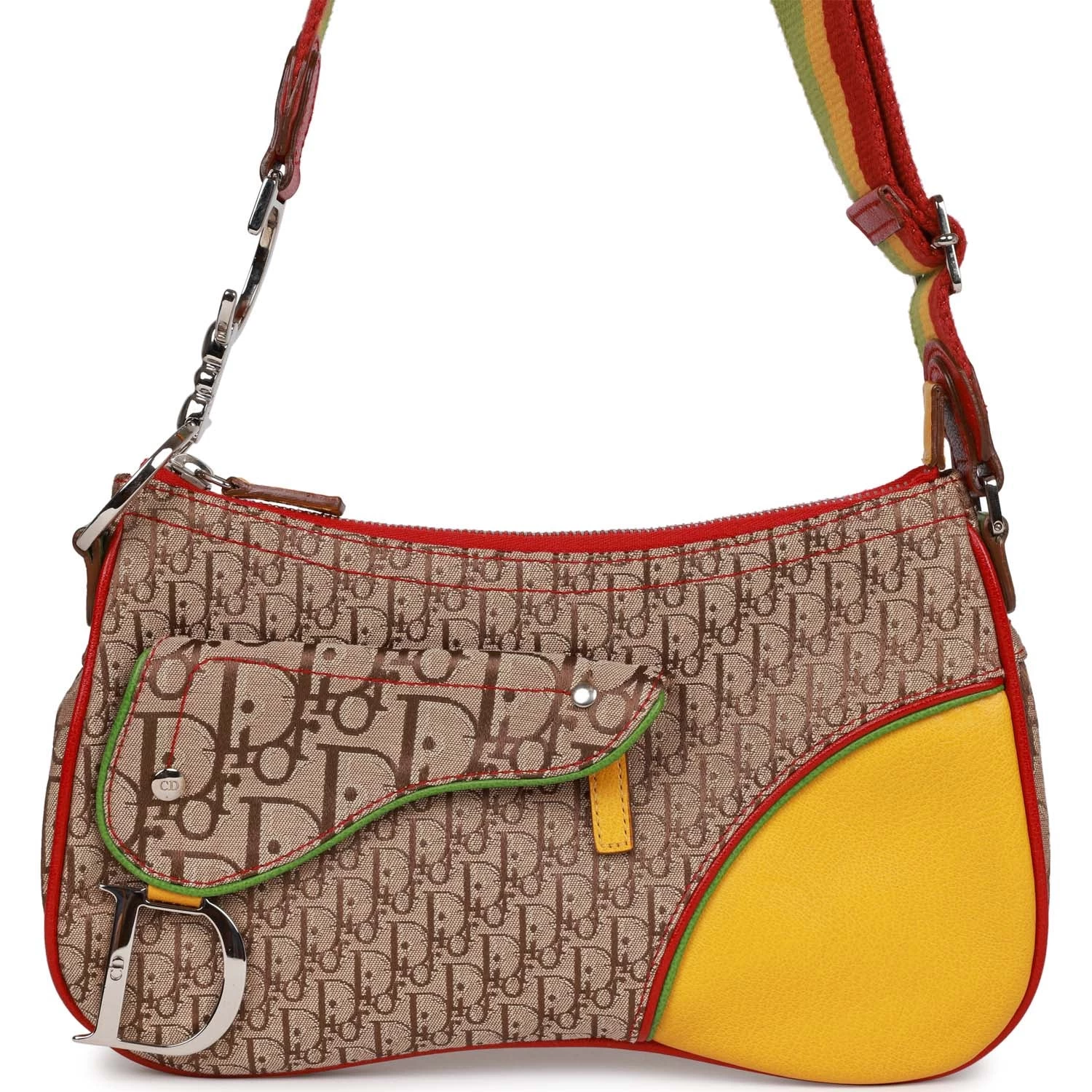 Pre-owned Christian Dior Saddle Bag Rasta Trotter Canvas Silver Hardware 3 Pre-owned Christian Dior Saddle Bag Rasta Trotter Canvas Silver Hardware
