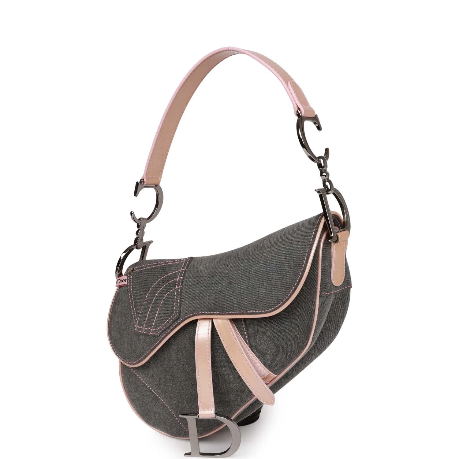 Vintage Christian Dior Saddle Bag Grey Denim And Pink Metallic Leather Silver Hardware 6 Vintage Christian Dior Saddle Bag Grey Denim And Pink Metallic Leather Silver Hardware - Image 5