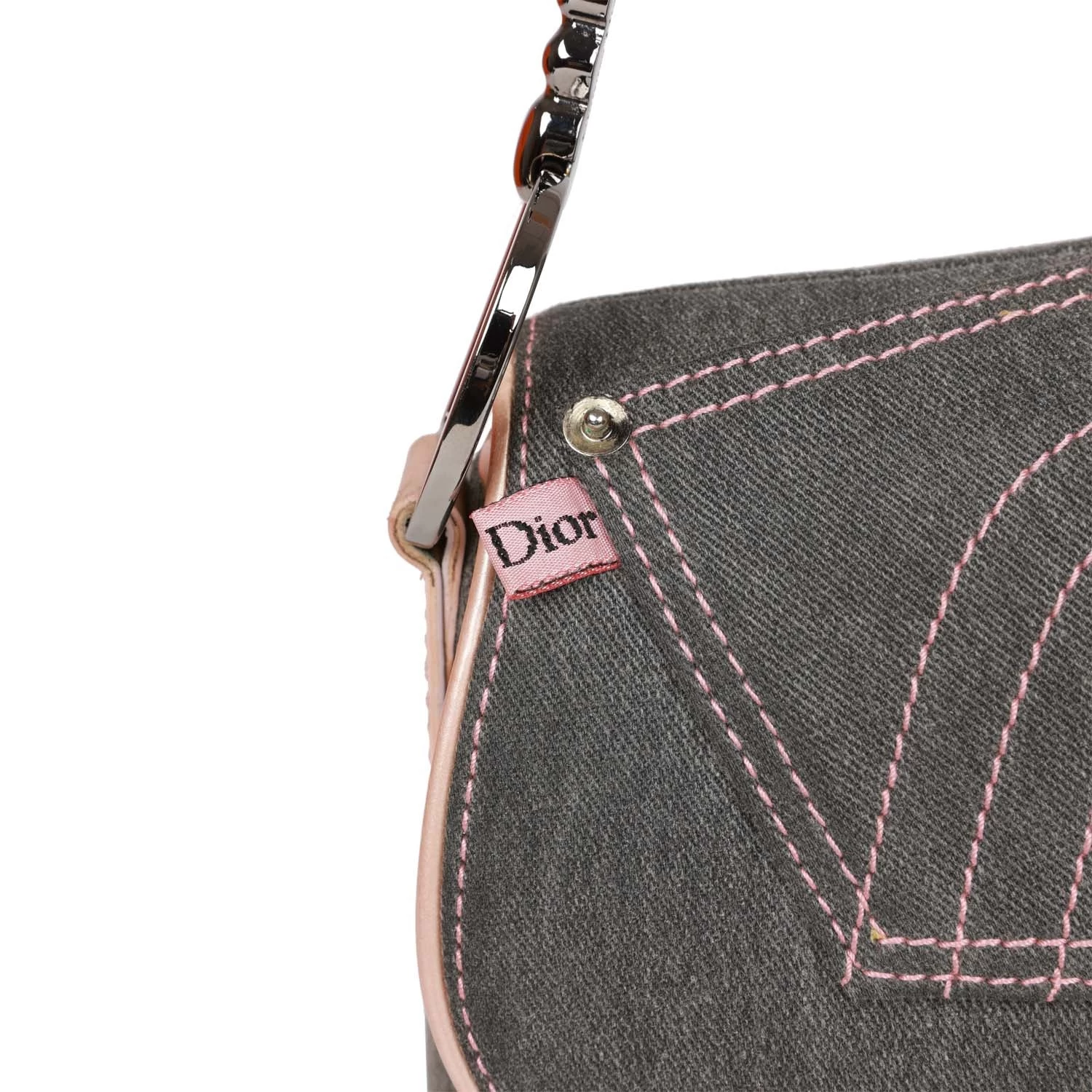 Vintage Christian Dior Saddle Bag Grey Denim And Pink Metallic Leather Silver Hardware 8 Vintage Christian Dior Saddle Bag Grey Denim And Pink Metallic Leather Silver Hardware - Image 7