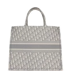 Pre-owned Dior Large Book Tote Grey And White Dior Oblique Embroidery Canvas -Online Bag Store D FN 230906 1 05