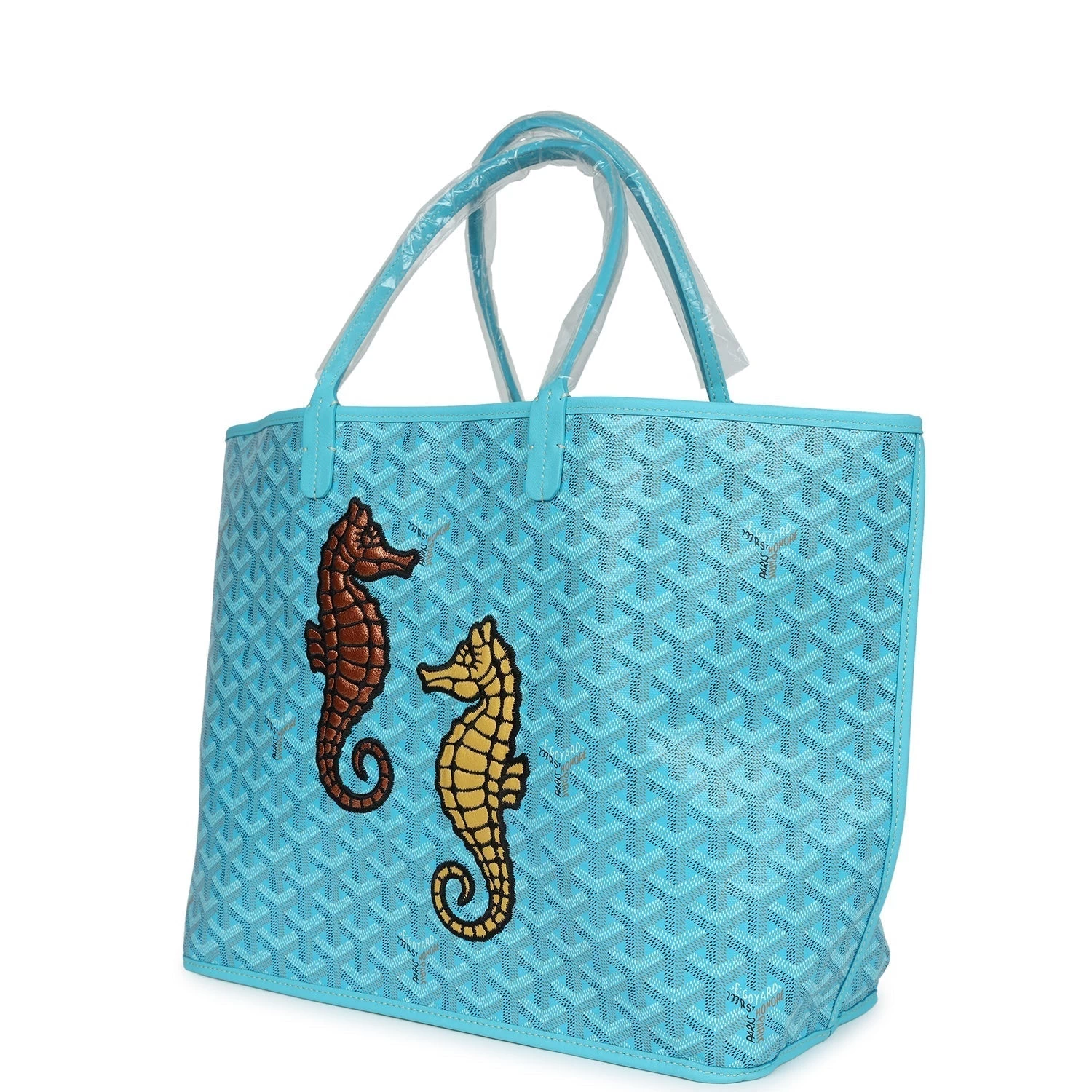 Goyard Goyardine Turquoise Anjou PM Embroidered Seahorse Bag Palladium Hardware 7 Goyard Goyardine Turquoise Anjou PM Embroidered Seahorse Bag Palladium Hardware - Image 5