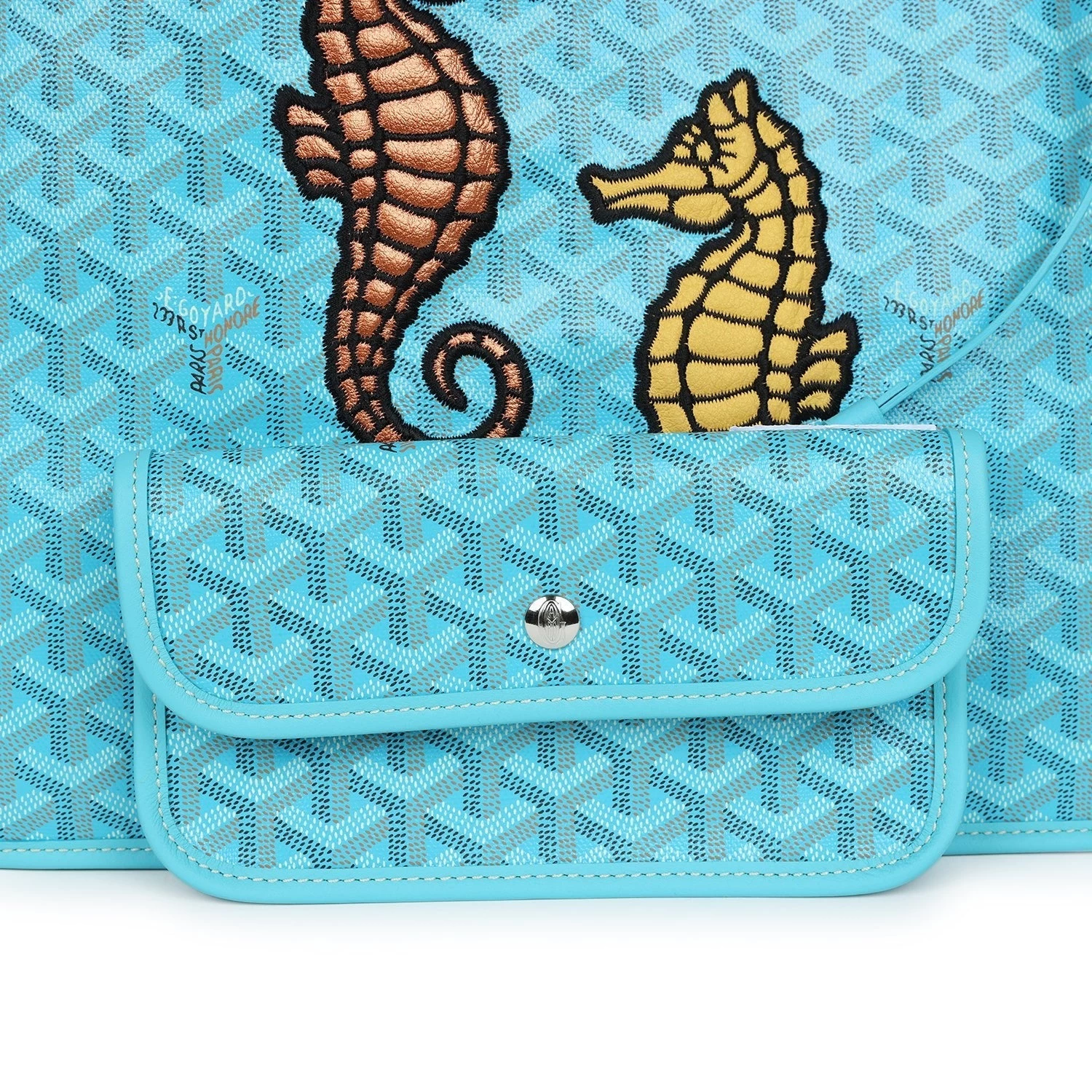 Goyard Goyardine Turquoise Anjou PM Embroidered Seahorse Bag Palladium Hardware 9 Goyard Goyardine Turquoise Anjou PM Embroidered Seahorse Bag Palladium Hardware - Image 7