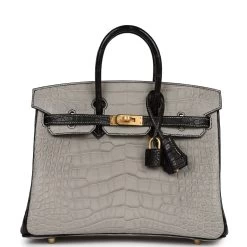 Hermès Hermes Special Order (HSS) Birkin 25 Gris Perle And Black Matte Alligator Mississippienis Brushed Gold Hardware