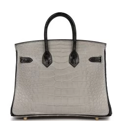 Hermès Hermes Special Order (HSS) Birkin 25 Gris Perle And Black Matte Alligator Mississippienis Brushed Gold Hardware -Online Bag Store H B 230825 1 XZ 05