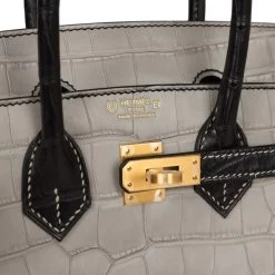Hermès Hermes Special Order (HSS) Birkin 25 Gris Perle And Black Matte Alligator Mississippienis Brushed Gold Hardware -Online Bag Store H B 230825 1 XZ 08