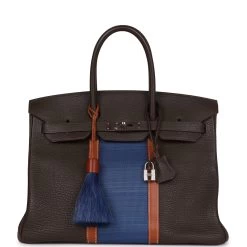 Hermès Pre-owned Hermes Birkin Club 35 Vert Bronze, Blue Thalassa, Fauve Barenia Fjord & Ottomane Palladium Hardware