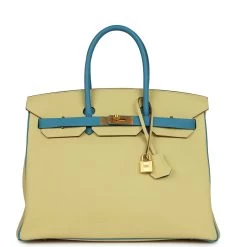 Hermès Pre-owned Hermes Special Order (HSS) Birkin 35 Jaune Poussin And Bleu Paradise Togo Brushed Gold Hardware