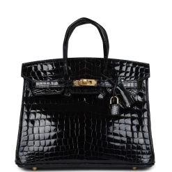 Hermès Hermes Birkin 25 Black Shiny Niloticus Crocodile Gold Hardware