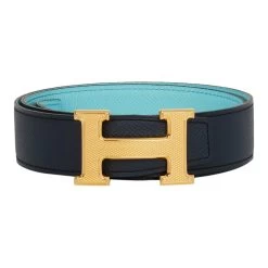 Hermès Hermes 32mm Reversible Bleu Indigo/Bleu Atoll Constance H Belt 75cm Guilloche Gold Buckle