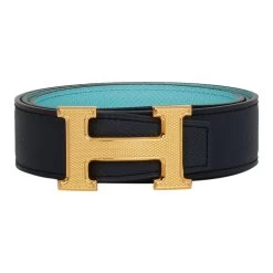Hermès Hermes 32mm Reversible Bleu Indigo/Bleu Atoll Constance H Belt 85cm Guilloche Gold Buckle