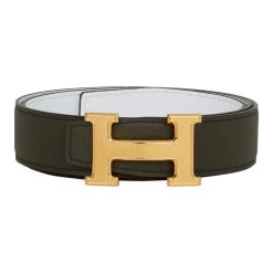 Hermès Hermes 32mm Reversible Vert De Gris/White Constance H Belt 85cm Guilloche Gold Buckle