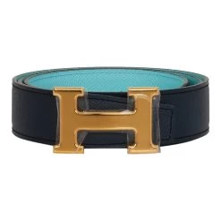 Hermès Hermes 32mm Reversible Bleu Indigo/Bleu Atoll Constance H Belt 85cm Gold Buckle