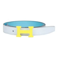 Hermès Hermes 28mm Reversible Bleu Brume/Celeste Constance H Belt 75cm Lime Enamel Buckle