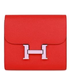 Hermès Pre-owned Hermes Constance Compact Wallet Rouge De Coeur Epsom Rose Sakura Enamel And Palladium Hardware