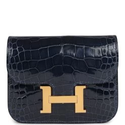Hermès Hermes Constance Slim Wallet Bleu Abysse Shiny Alligator Gold Hardware