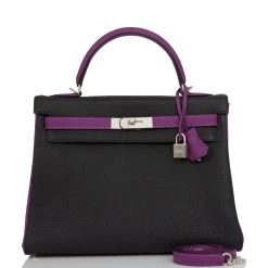 Hermès Hermes Special Order (HSS) Kelly Retourne 32 Black And Anemone Togo Brushed Palladium Hardware