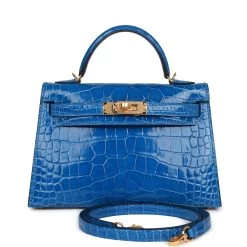 Hermès Hermes Kelly Sellier 20 Bleu Zellige Shiny Alligator Gold Hardware