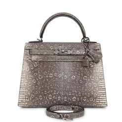 Hermès Hermes Kelly Sellier 28 Ombre Varanus Salvator Lizard Palladium Hardware