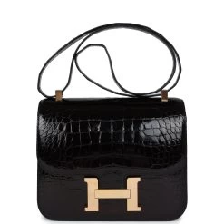 Hermès Pre-owned Hermes Constance 24 Black Shiny Alligator Rose Gold Hardware
