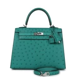 Hermès Hermes Kelly Sellier 25 Vert Verone Ostrich Palladium Hardware