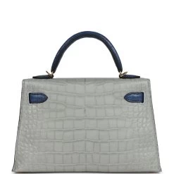Hermès Hermes Special Order (HSS) Kelly Sellier 20 Gris Perle And Bleu De Malte Matte Alligator Gold Hardware -Online Bag Store H K 240115 1 YB 05