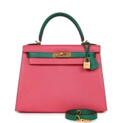 Hermès Hermes Special Order (HSS) Kelly Sellier 28 Rose Lipstick And Vert Vertigo Chevre Brushed Gold Hardware
