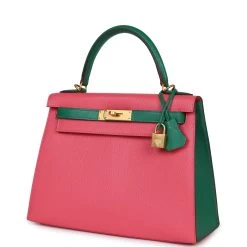 Hermès Hermes Special Order (HSS) Kelly Sellier 28 Rose Lipstick And Vert Vertigo Chevre Brushed Gold Hardware -Online Bag Store H K 240117 1 DM 03