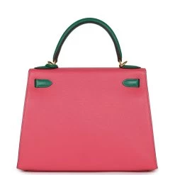 Hermès Hermes Special Order (HSS) Kelly Sellier 28 Rose Lipstick And Vert Vertigo Chevre Brushed Gold Hardware -Online Bag Store H K 240117 1 DM 05