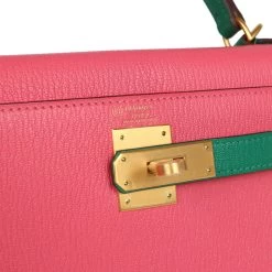 Hermès Hermes Special Order (HSS) Kelly Sellier 28 Rose Lipstick And Vert Vertigo Chevre Brushed Gold Hardware -Online Bag Store H K 240117 1 DM 08
