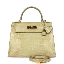 Hermès Vintage Hermes Kelly 28 Vert Celadon Natura Shiny Alligator Gold Hardware