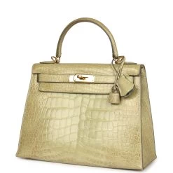 Hermès Vintage Hermes Kelly 28 Vert Celadon Natura Shiny Alligator Gold Hardware -Online Bag Store H K 240123 3 03