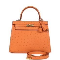 Hermès Hermes Kelly Sellier 25 Abricot Ostrich Gold Hardware