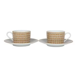 Hermès Hermes "Mosaique Au 24" White & Gold Porcelain Tea Cup And Saucer Set