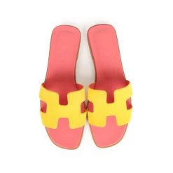 Hermès Hermes Oran Sandal Jaune Sable And Rose Azalee Suede Goatskin 37.5 EU -Online Bag Store H SNDL 230926 3 EZ 07