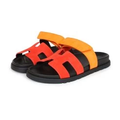 Hermès Hermes Chypre Techno Sandal Sunset & Rouge Ecarlate Suede Palladium Hardware 37.5 EU