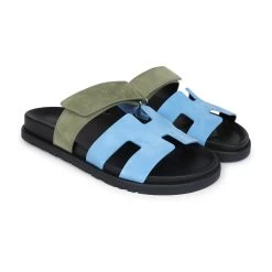 Hermès Hermes Chypre Techno Sandal Bleu Cameo/Vert Suede Palladium Hardware 37.5 EU -Online Bag Store H SNDL 240206 1 05